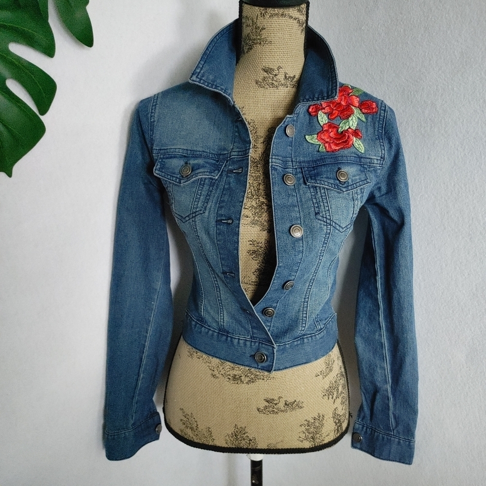 Charming Charlie Denim Jean Jacket with Rose Flowers